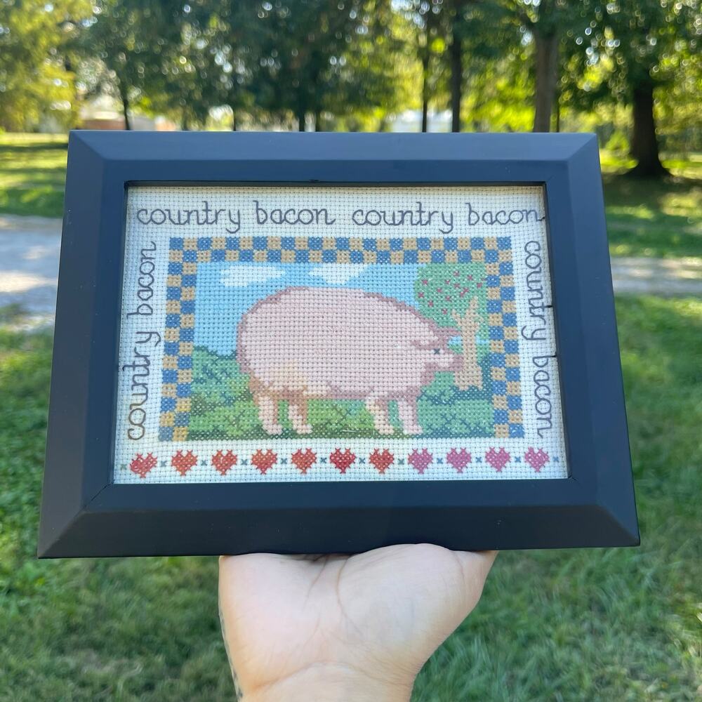 Framed Country Bacon Pig Cross Stitch Needlepoint Farmhouse Kitchen Wall Decor